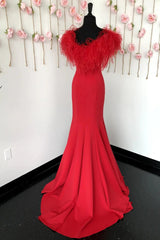 Long Red Prom Dress with Mermaid V Neck and Feathers