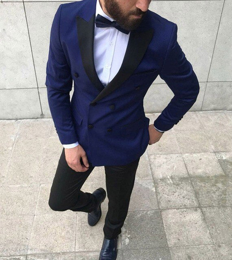Fashion Navy Blue Double-Breasted Peaked Lapel Prom Suits for Guys