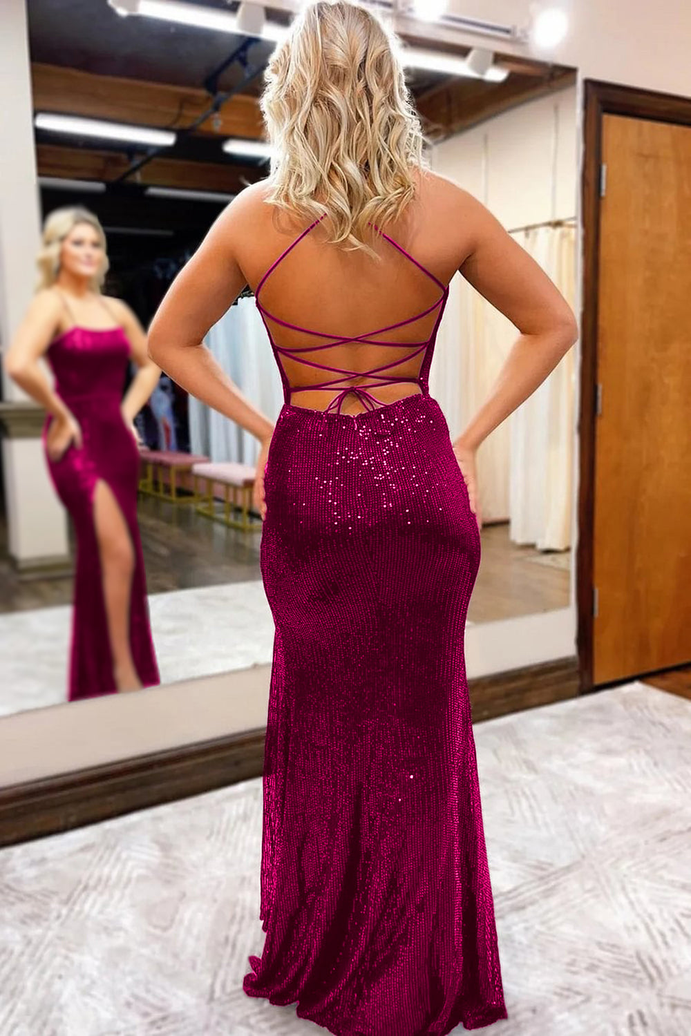 Burgundy Prom Dress with Sequins Spaghetti Straps and a Sheath Slit
