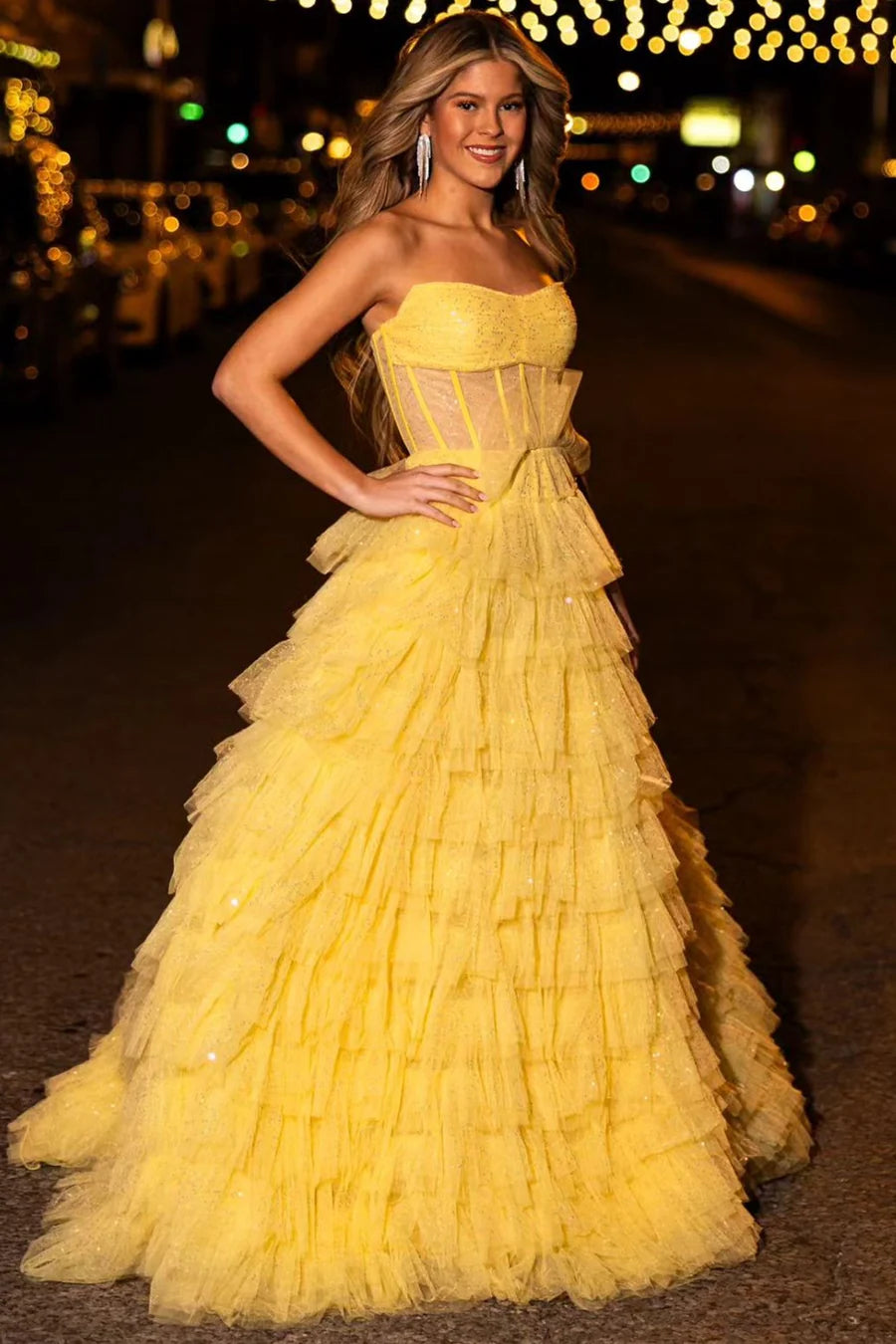 Long Strapless Prom Dress in Golden Tulle with Tiered Skirt and Slit