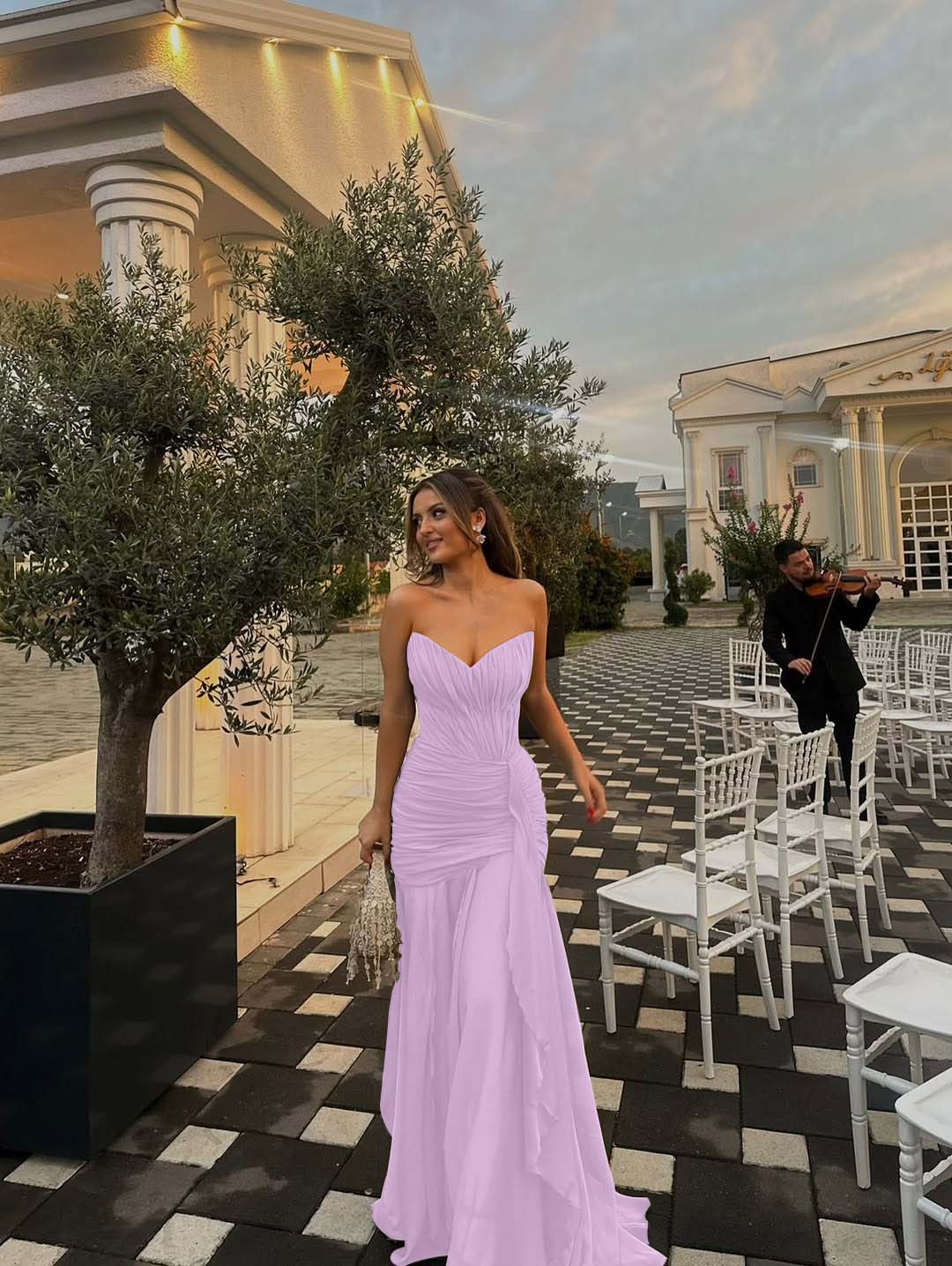 Strapless V Neck Sleeveless Long Formal Dress With Pleated Ruffle