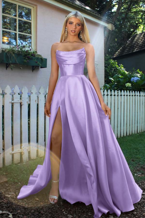 Strapless Sleeveless A Line Long Formal Dress With Split Pleated