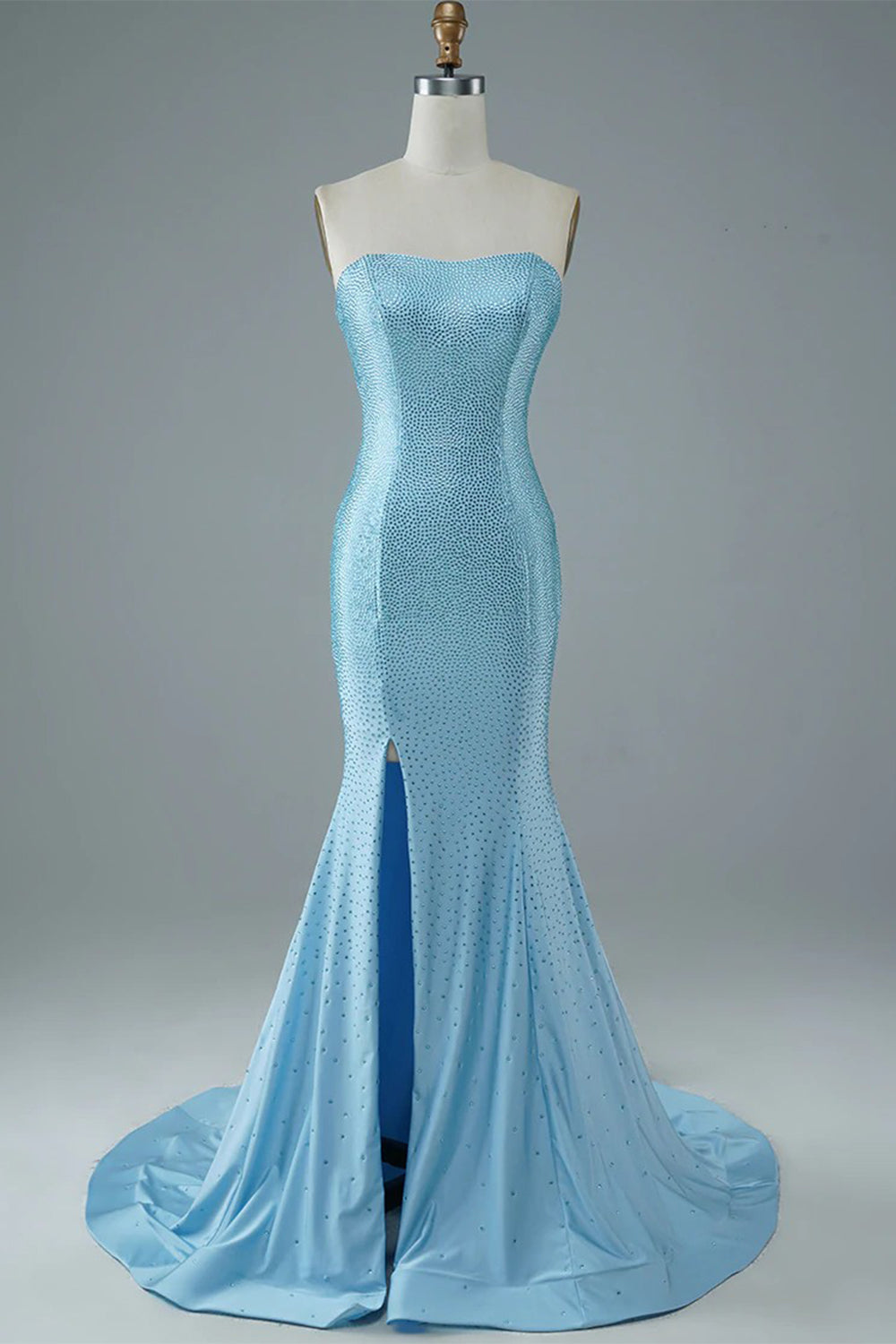 Long Beaded Red Mermaid Prom Dress with Glitter and Strapless Slit Design