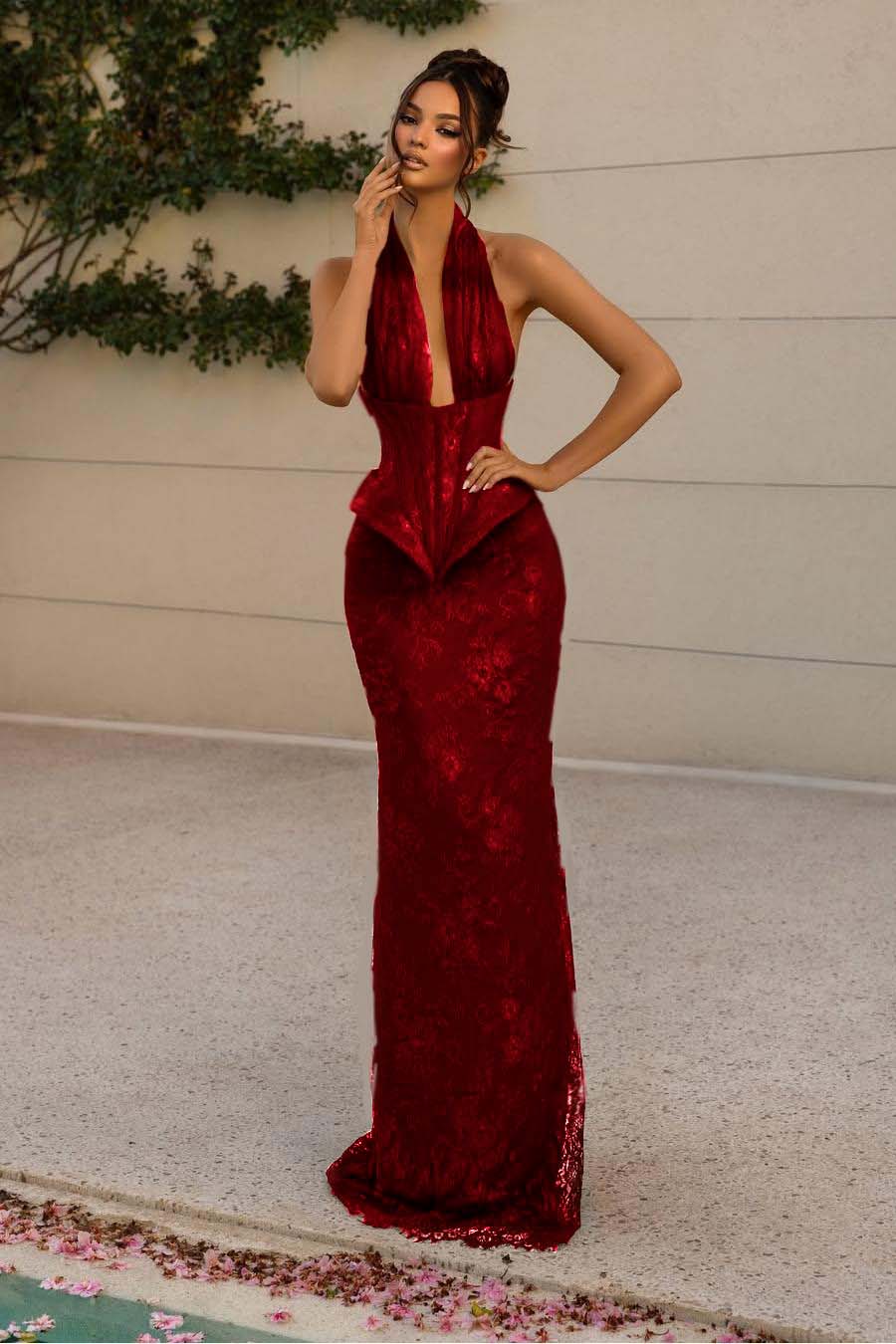 Halter V Neck Sleeveless Long Mermaid Formal Dress With Appliques