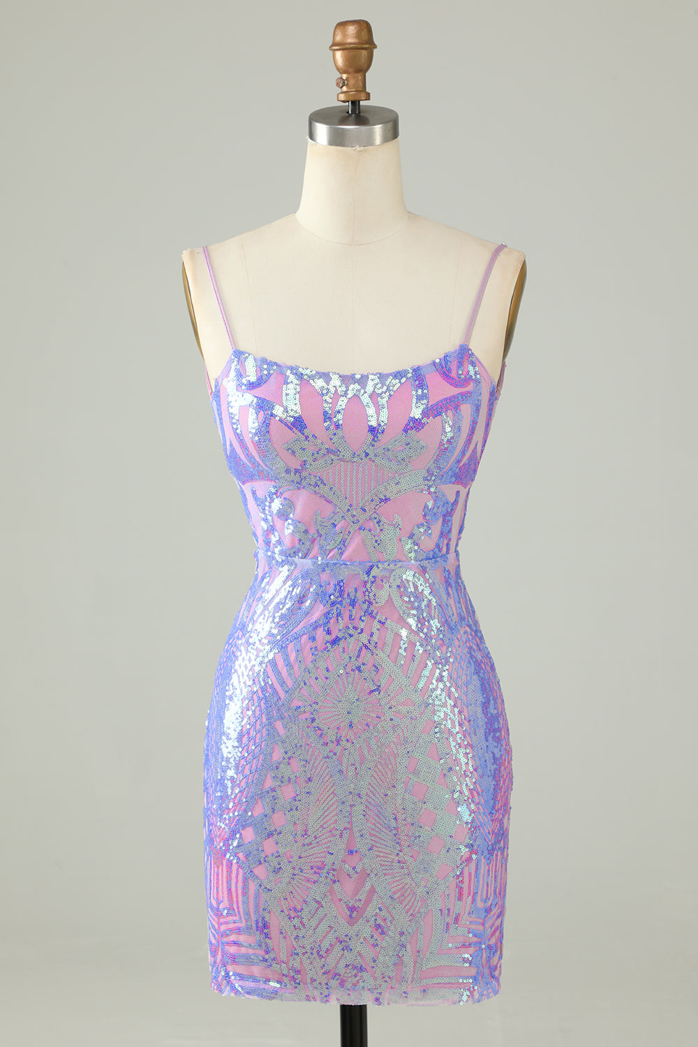 Sparkly Purple Spaghetti Straps Backless Short Tight Homecoming Dress/Mini Dress with Sequins