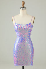 Sparkly Purple Spaghetti Straps Backless Short Tight Homecoming Dress/Mini Dress with Sequins