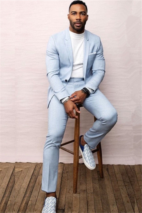 Gentle Sky Blue Bespoke Summer Wedding Suit Ideas with One Button