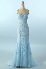 Backless Evening Gown in Long Mermaid Blue Prom Dress