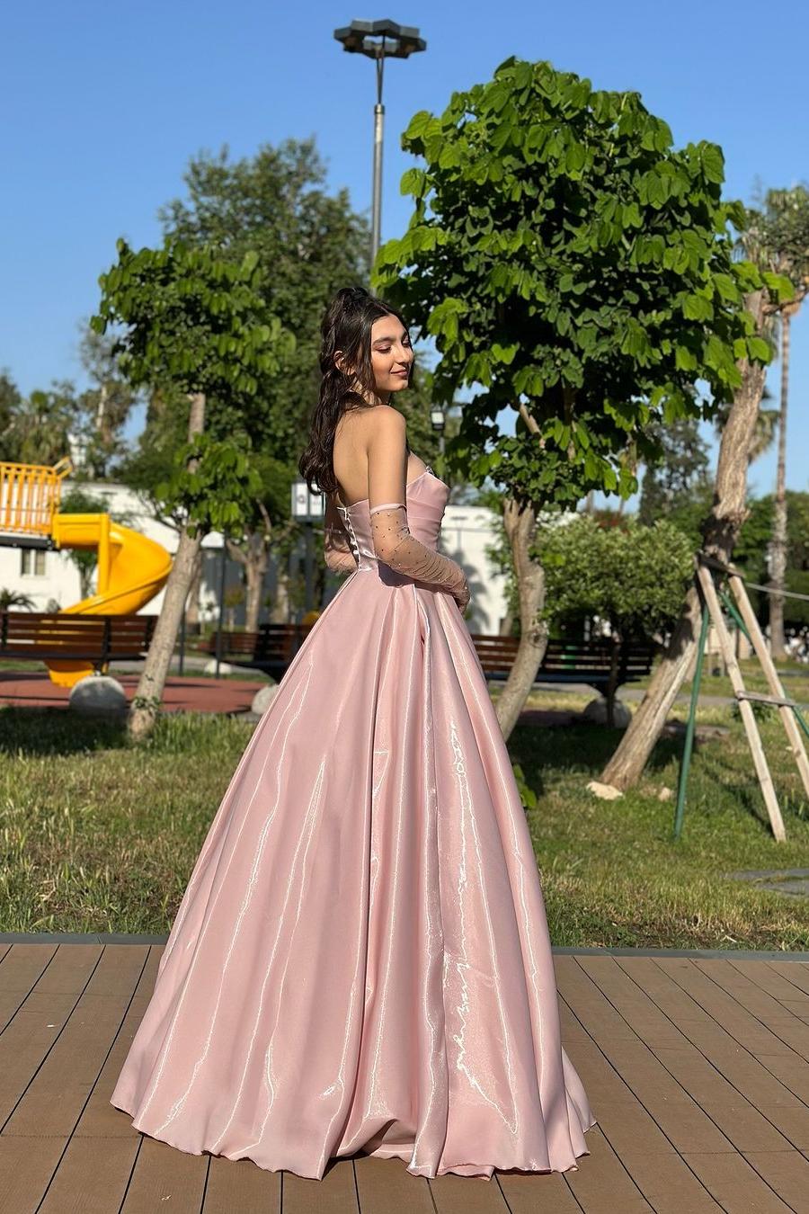 Strapless Beading A Line Long Formal Dress With Detachable Sleeves