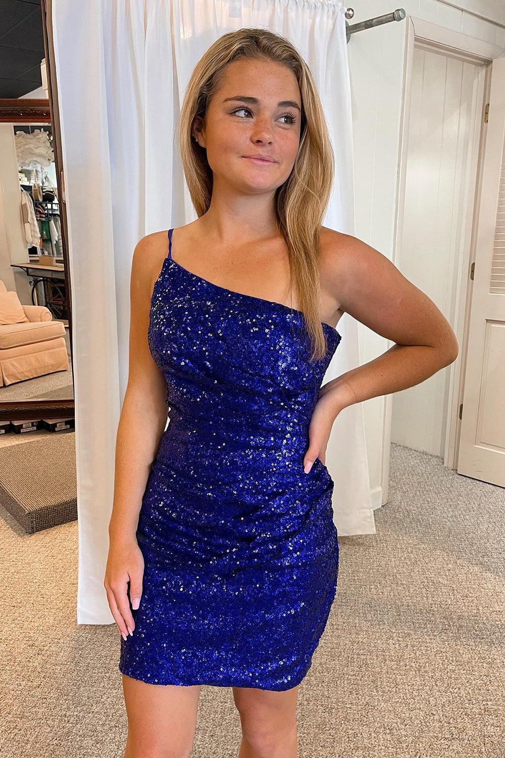 Glitter One Shoulder Tight Black Homecoming Dress/Mini Dress