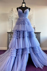 Long Prom Dress in Light Purple Tulle with Tiered Layers and Spaghetti Straps Featuring a Slit