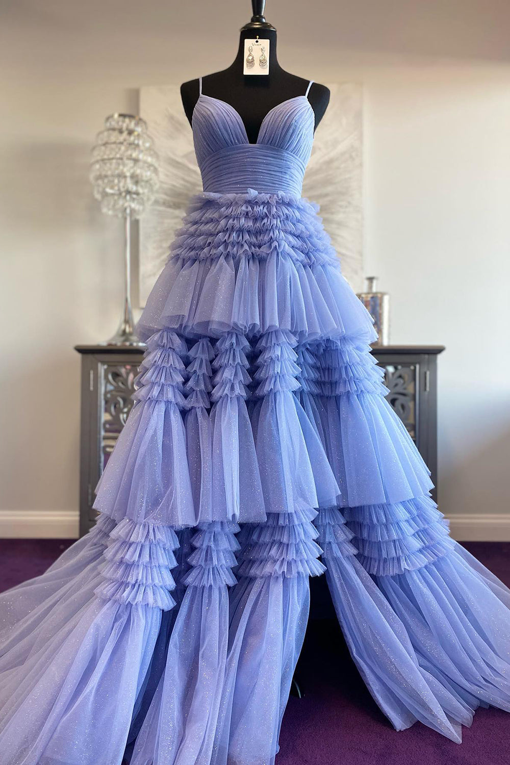 Elegant A-Line Long Tulle Prom Dress with Spaghetti Straps and Side Split