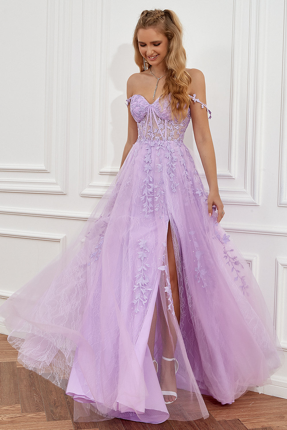 Prom Dress in Navy with Appliques and Off-the-Shoulder Design