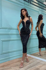 Stunning Sleeveless Pleated Short Mermaid Black Sequins Straps Formal Dress