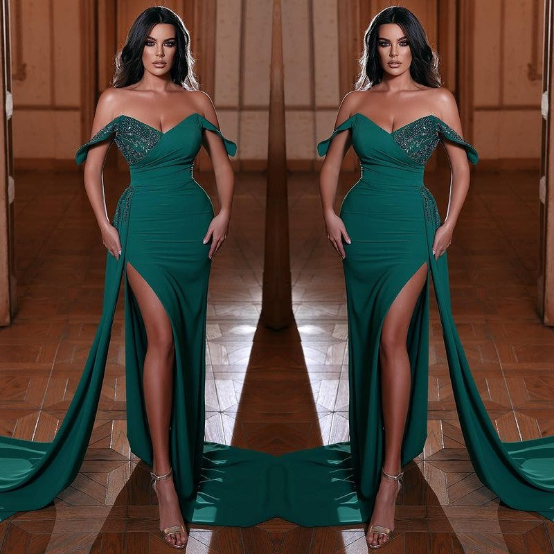 Off-The-Shoulder Emerald V-Neck Mermaid Evening Dress With Ruffles Split