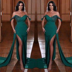 Off-The-Shoulder Emerald V-Neck Mermaid Evening Dress With Ruffles Split