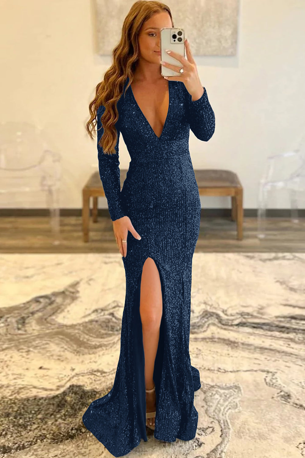 Long Pink Sequins Prom Dress with Deep V Neck and Front Split Sheath