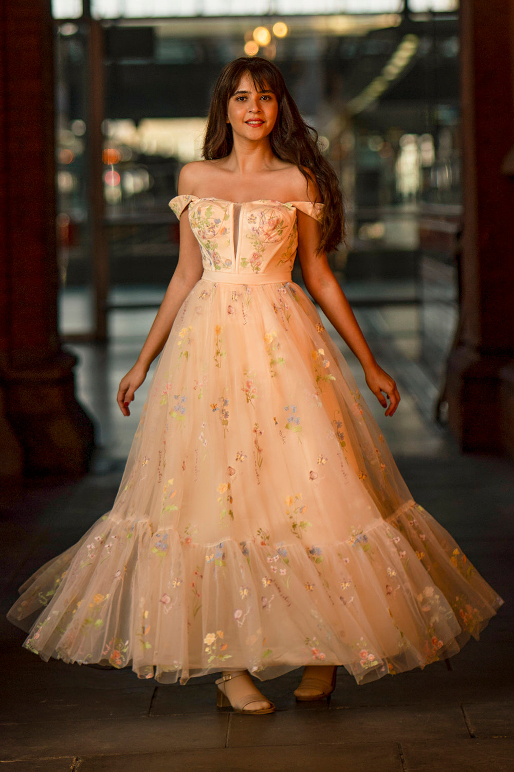 Champagne Long Prom Dress with Sweetheart Neckline and Princess A-Line Embroidery