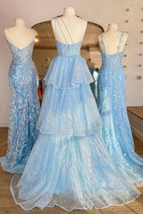 Blue One-Shoulder Corset Prom Dress with Ruffles in A-Line Princess Style