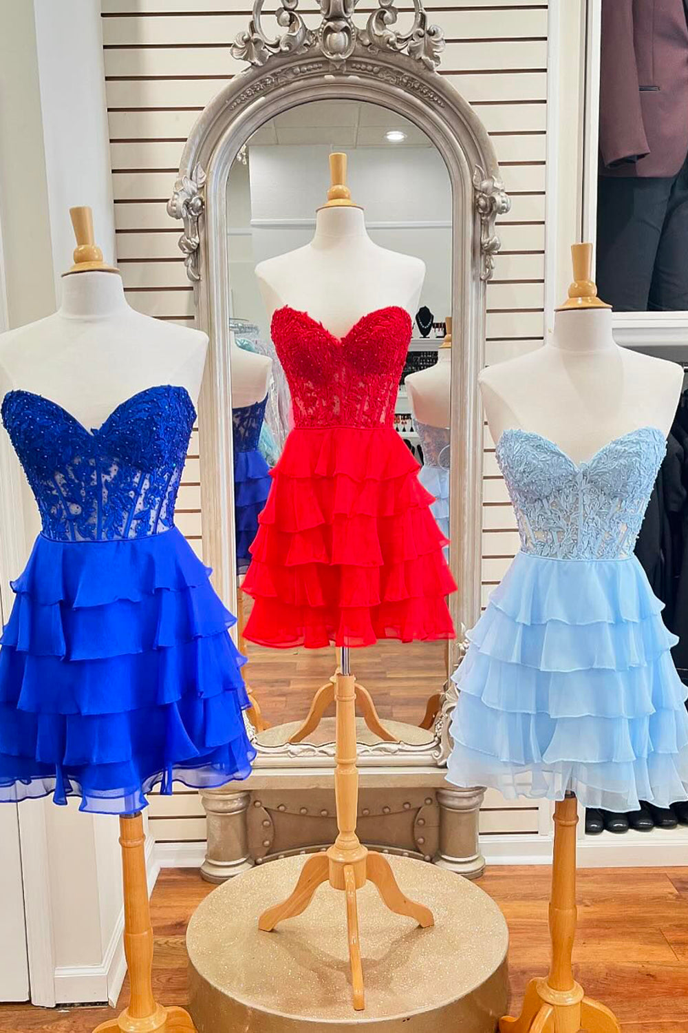 Sparkly Pink Corset Strapless A Line Short Homecoming Dress/Mini Dress with Ruffles