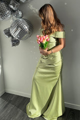 Long Green Formal Mermaid Dress with Off-Shoulder Ruched Design