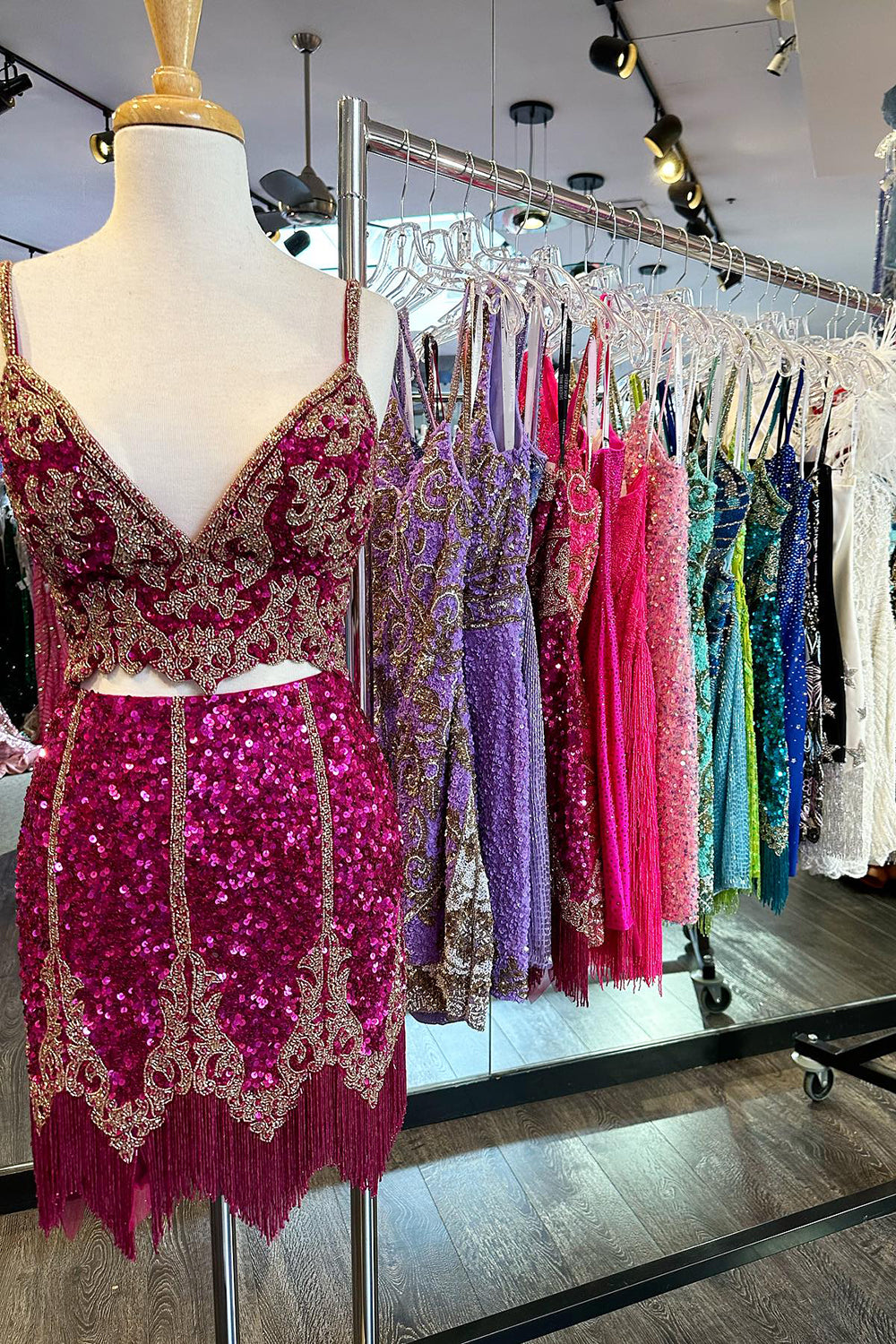 Sparkly Fuchsia Spaghetti Straps Bodycon Short Homecoming Dress/Mini Dress with Fringe