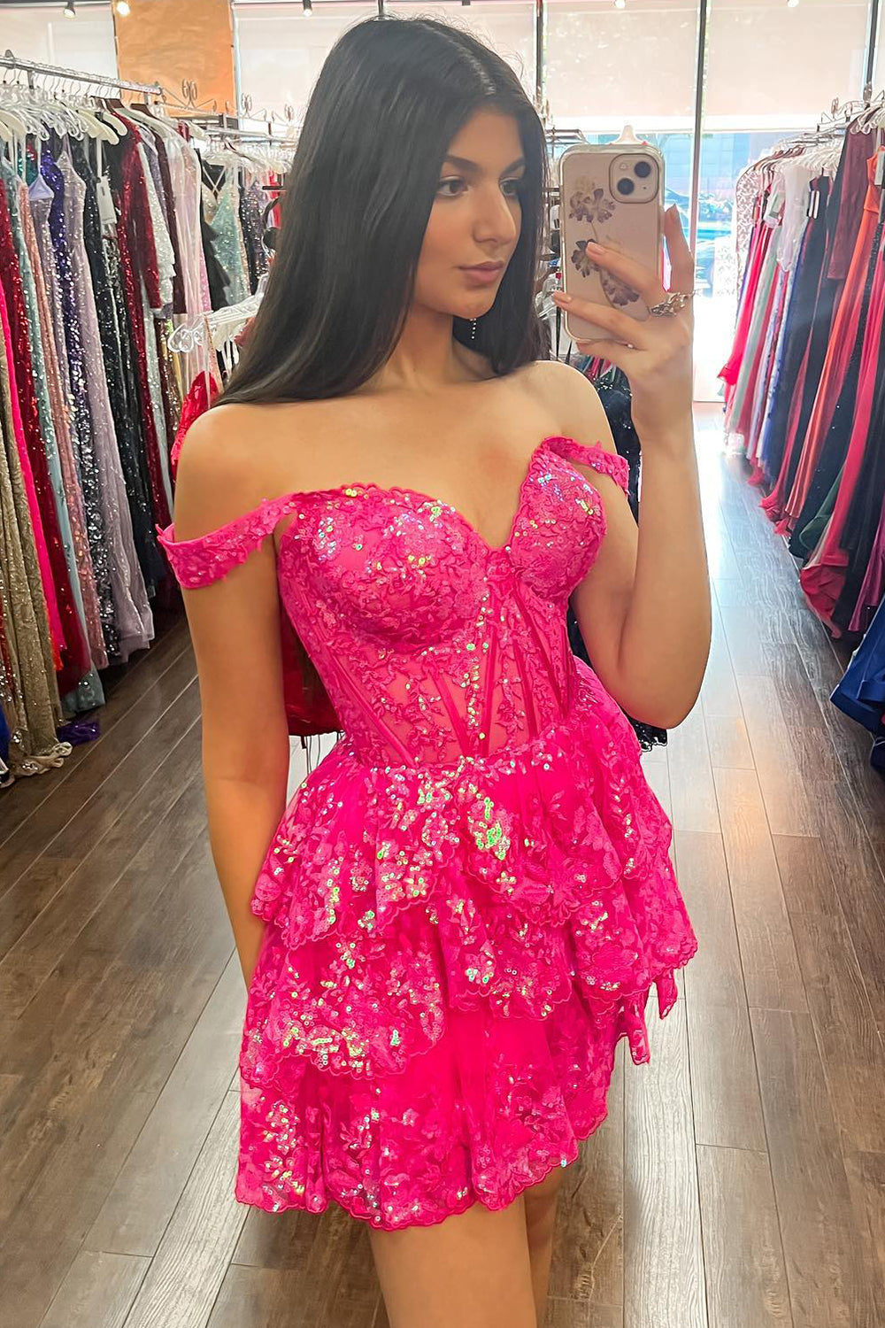 Sparkly Fuchsia A Line Tiered Lace Short Homecoming Dress/Mini Dress