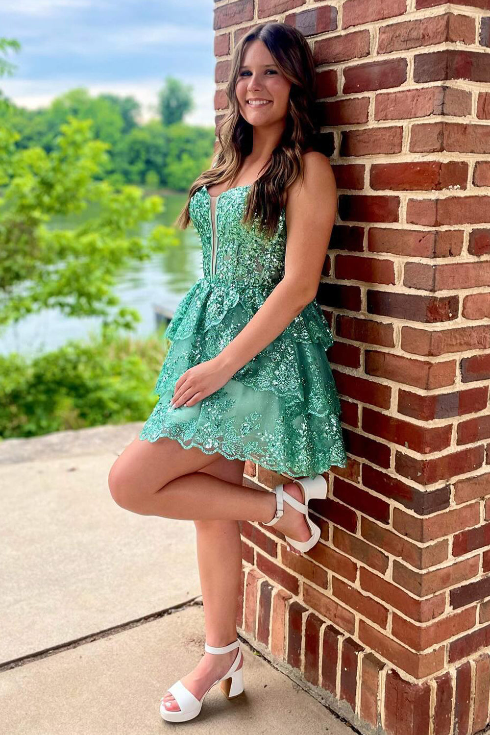 Sparkly Green Sequins Corset Short Homecoming Dress/Mini Dress With Ruffles