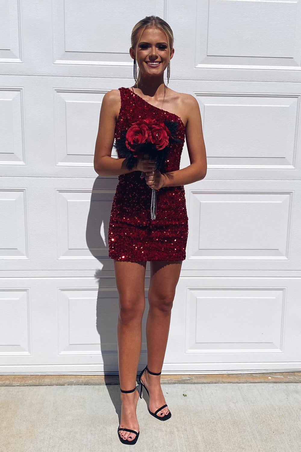 Tight Black Sequins One Shoulder Homecoming Dress/Mini Dress