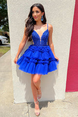 Royal Blue A Line Ruffled Homecoming Dress/Mini Dress With Appliques