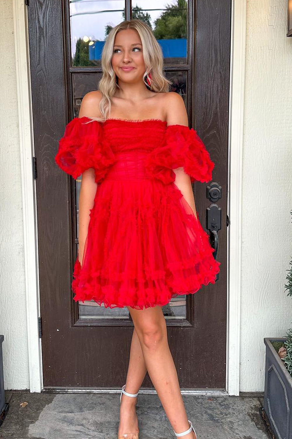 Fuchsia Corset Puff Sleeves A-Line Short Tulle Homecoming Dress/Mini Dress with Ruffles