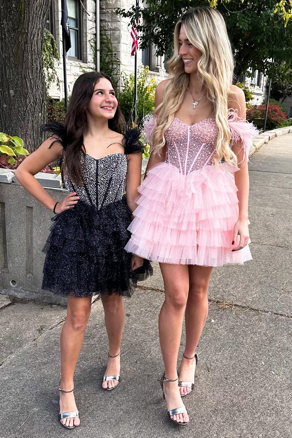 Sparkly Black Beaded Corset Ruffled Short Homecoming Dress/Mini Dress With Feathers