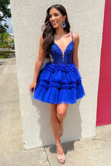 Royal Blue A Line Ruffled Homecoming Dress/Mini Dress With Appliques