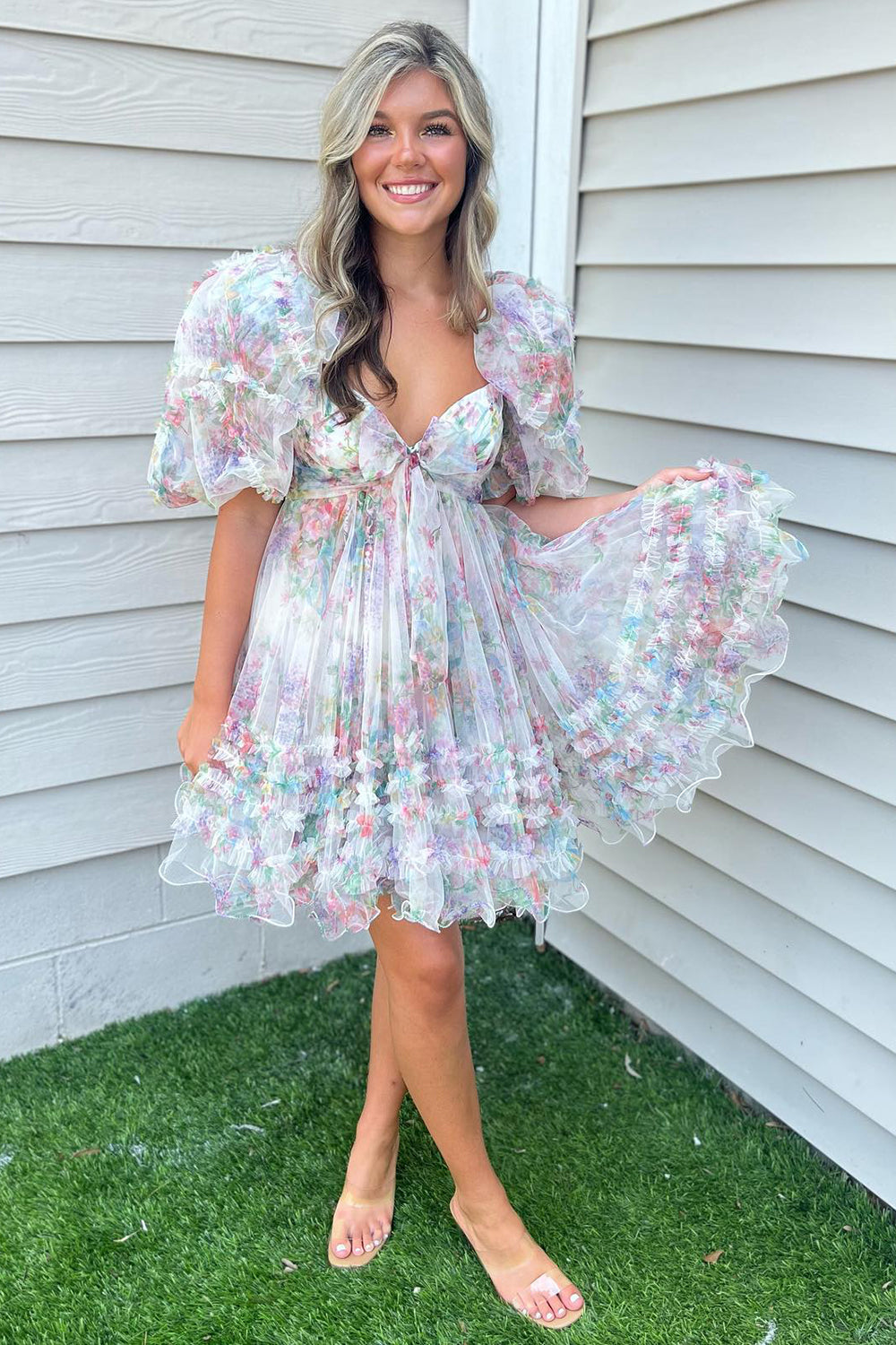 Dark Blue Puff Sleeves A-Line Floral Short Homecoming Dress/Mini Dress with Ruffles