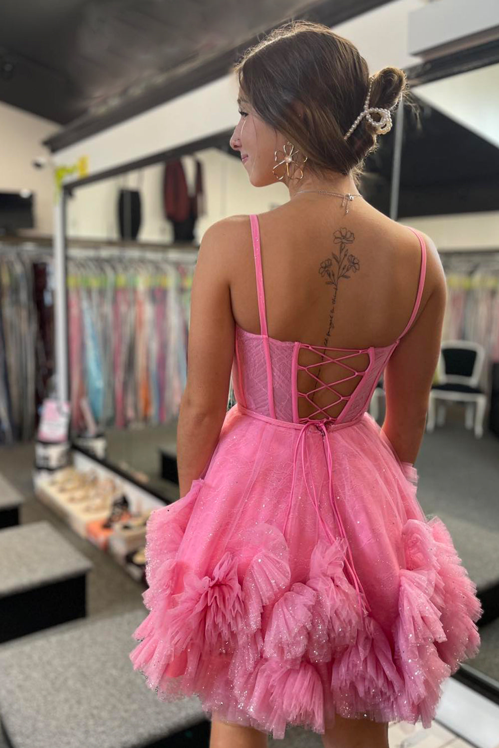 Glitter Pink Corset Tulle A-Line Tulle Short Homecoming Dress/Mini Dress With Pocket