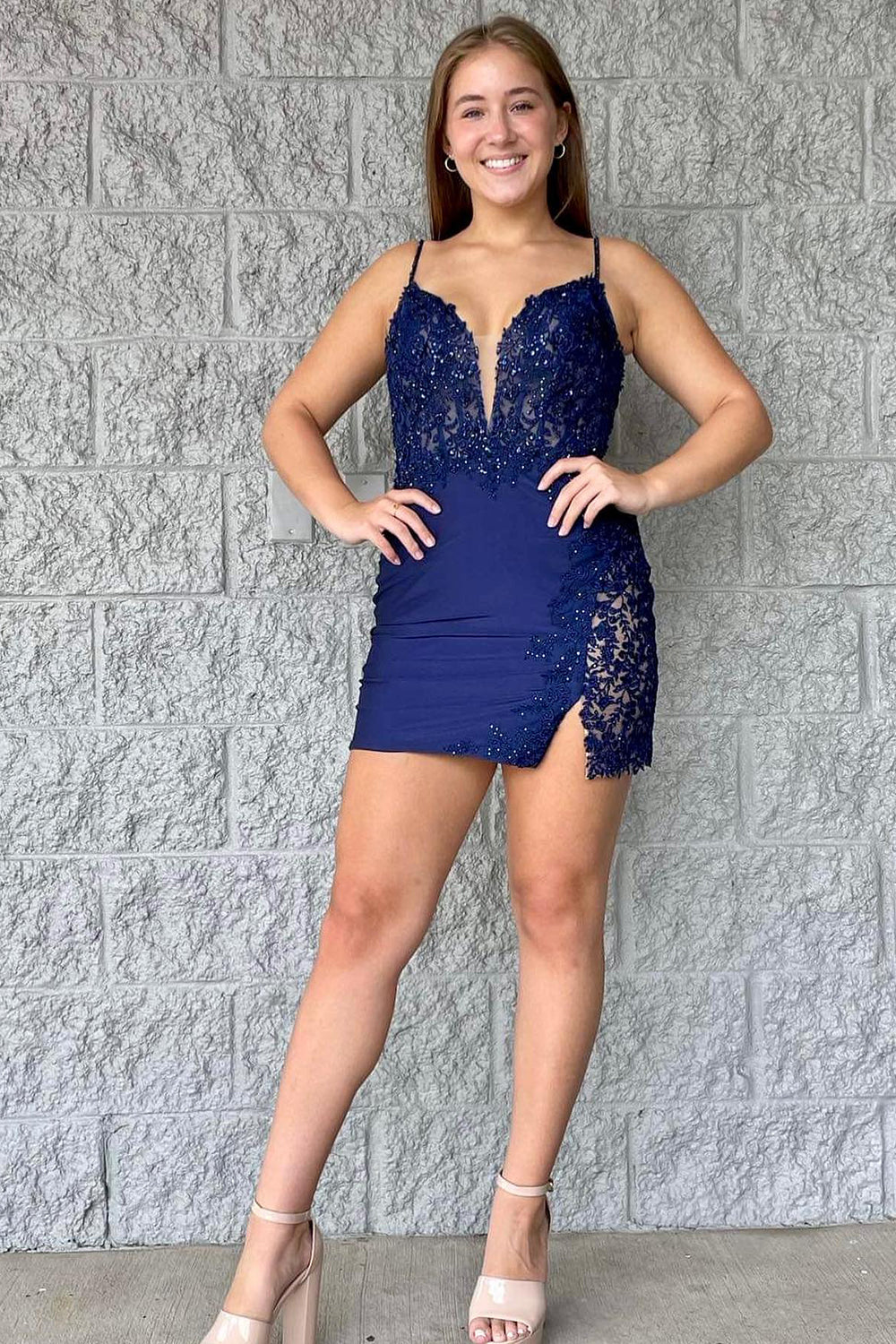 Light Blue Corset Spaghetti Straps Tight Short Homecoming Dress/Mini Dress with Slit