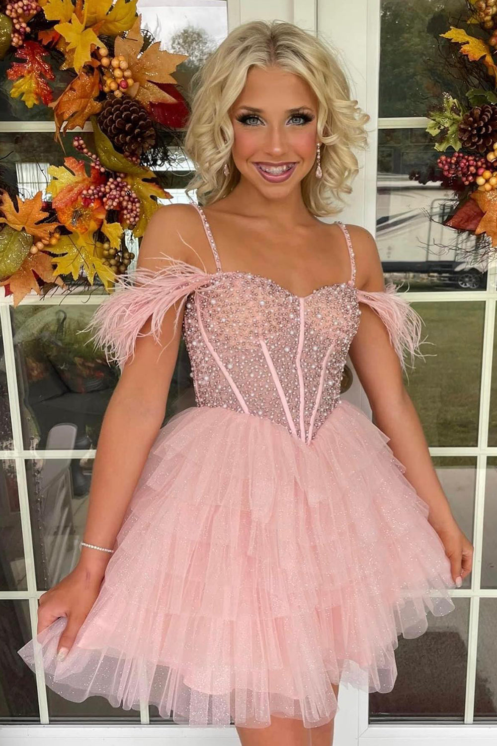 Sparkly Black Beaded Corset Ruffled Short Homecoming Dress/Mini Dress With Feathers
