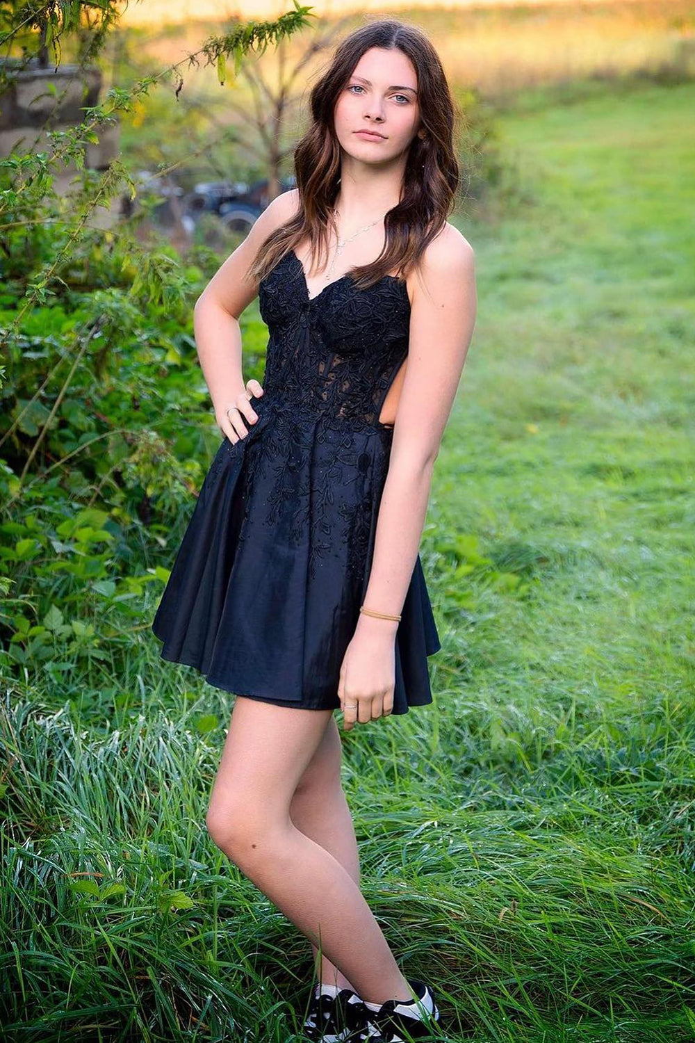 Black A Line Backless Halter Short Homecoming Dress/Mini Dress with Lace