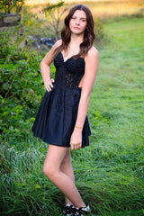 Black A Line Backless Halter Short Homecoming Dress/Mini Dress with Lace