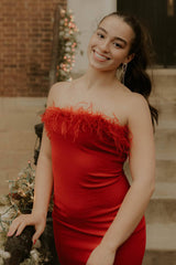Fuchsia Satin Tight Short Homecoming Dress/Mini Dress with Feathers