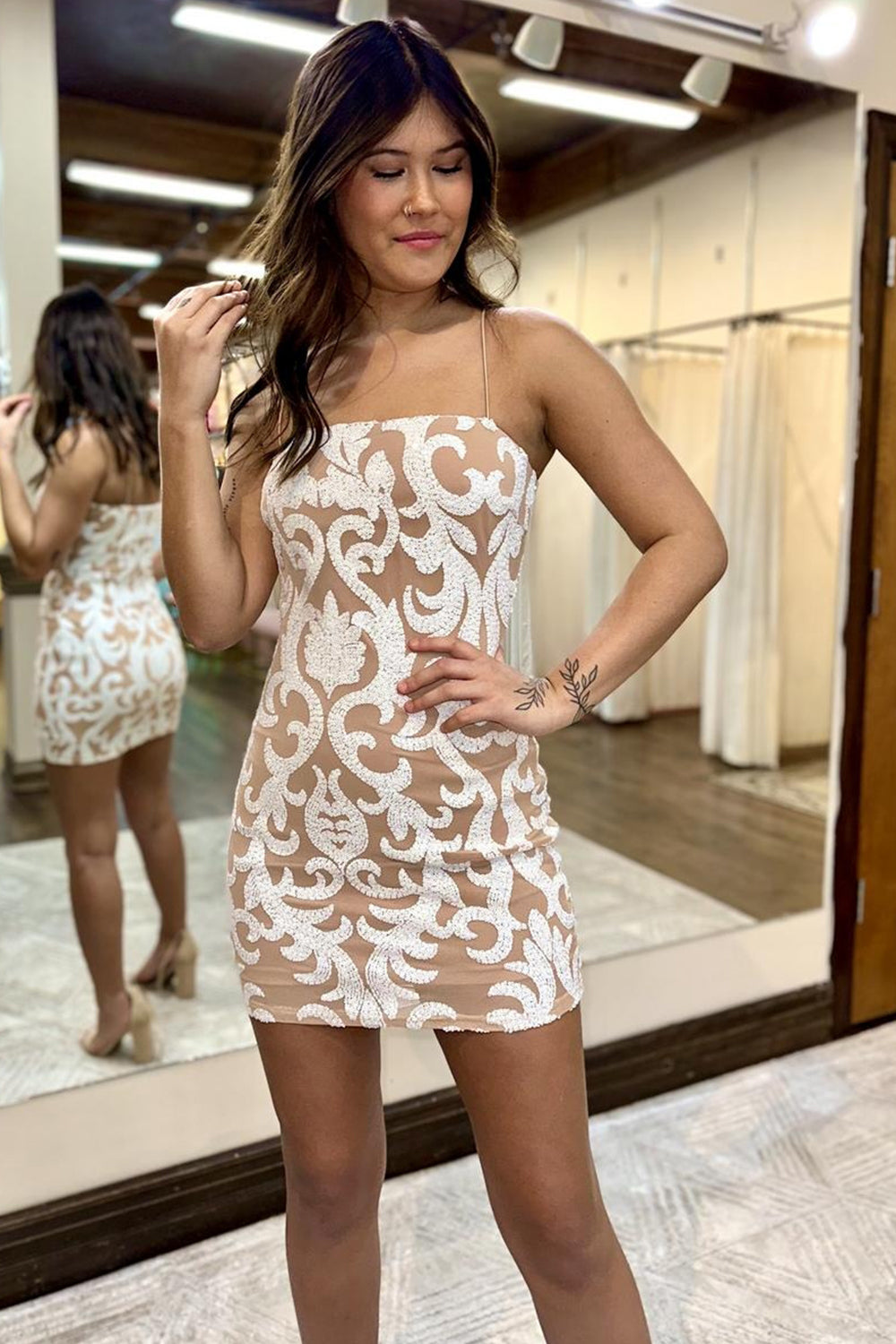 Sparkly Champagne Sequins Spaghetti Straps Tight Short Homecoming Dress/Mini Dress