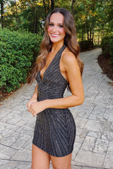 Sparkly Black Beaded Tight Halter Short Homecoming Dress/Mini Dress