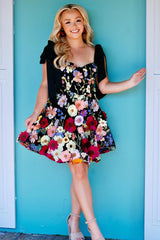 Black A Line Flower Print Short Homecoming Dress/Mini Dress