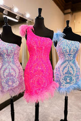 Sparkly Hot Pink Sequins Tight Short Homecoming Dress/Mini Dress With Feather
