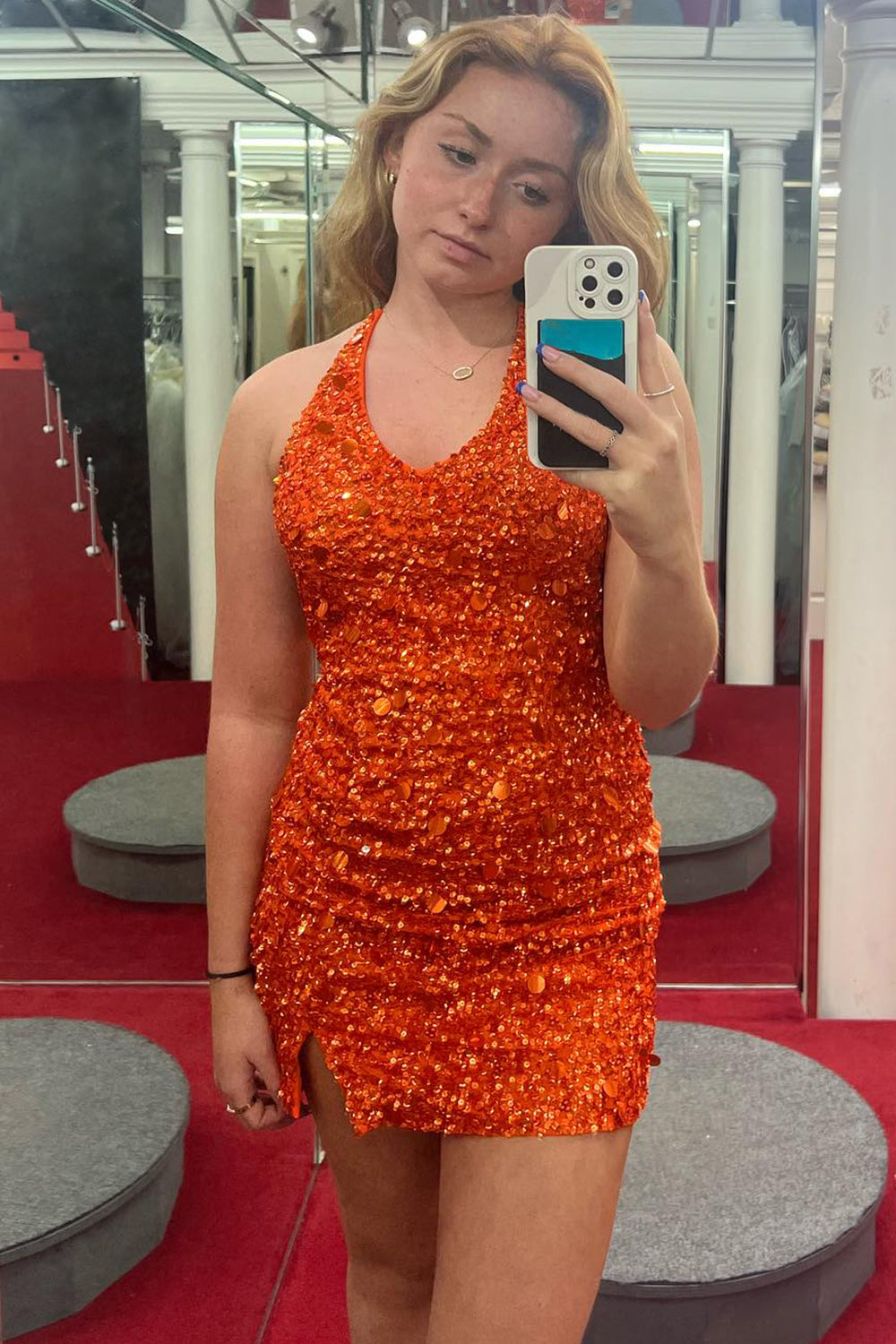 Sparkly Dark Green Halter Open Back Bodycon Homecoming Dress/Mini Dress With Sequins