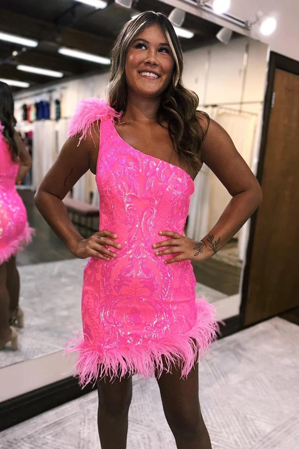 Sparkly Lilac One Shoulder Tight Short Homecoming Dress/Mini Dress with Feather