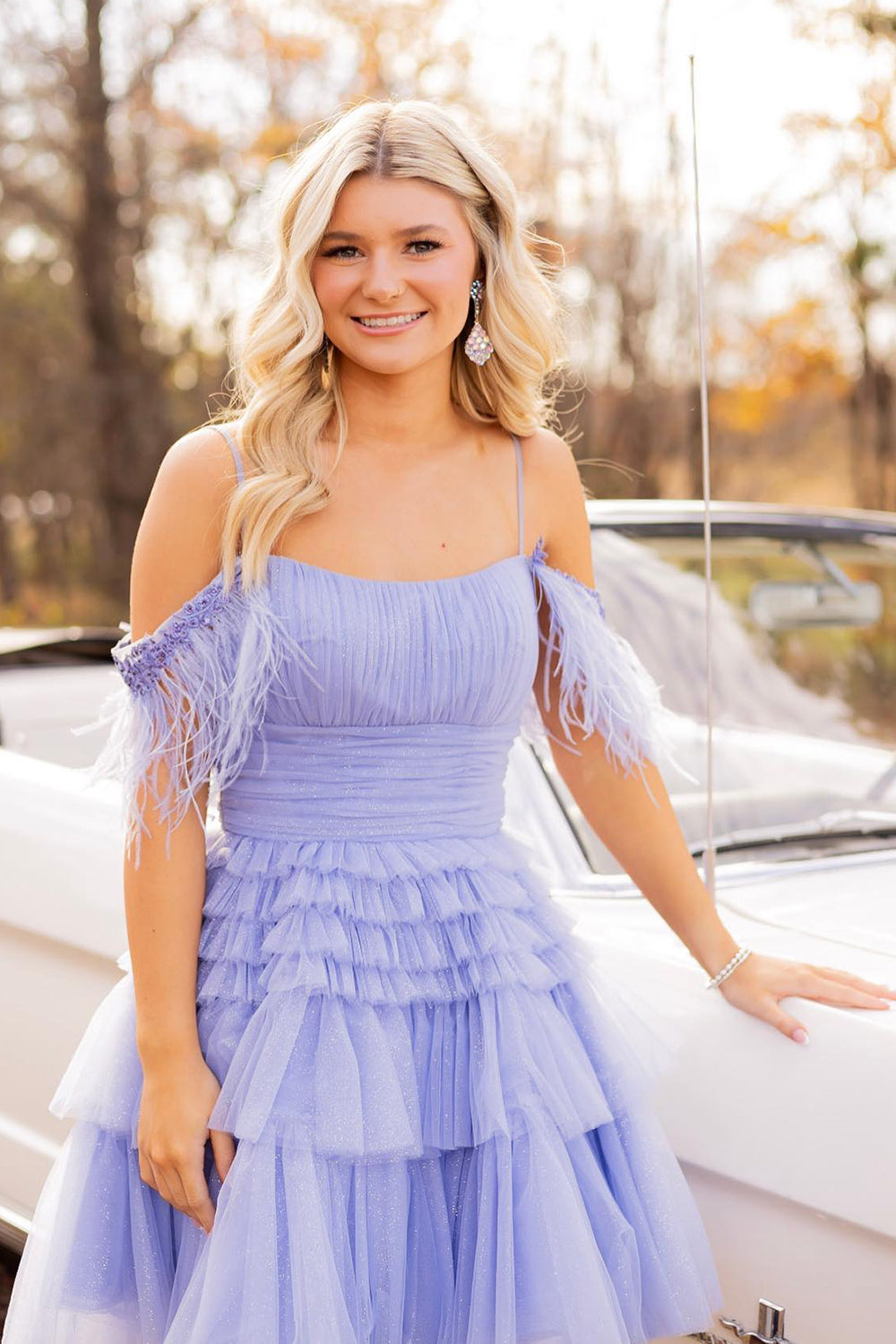 Blue Ruffled Short Homecoming Dress/Mini Dress With Feathers