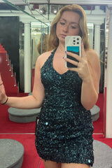 Sparkly Dark Green Halter Open Back Bodycon Homecoming Dress/Mini Dress With Sequins