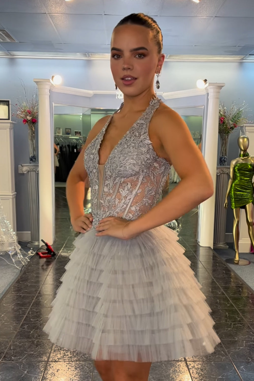Grey A Line Halter Tiered Short Corset Homecoming Dress/Mini Dress