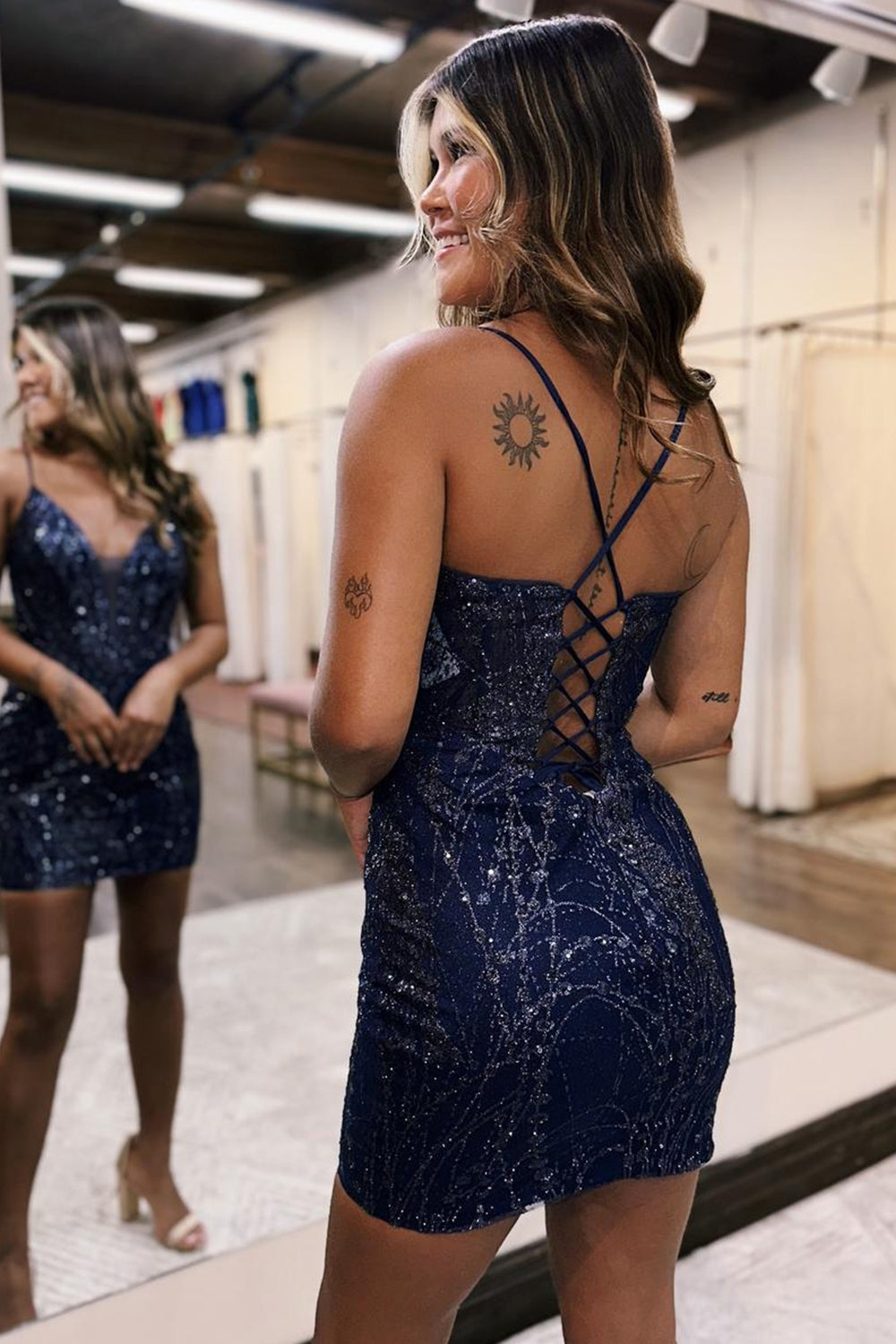 Sparkly Navy Corset Sequins Tight Short Homecoming Dress/Mini Dress